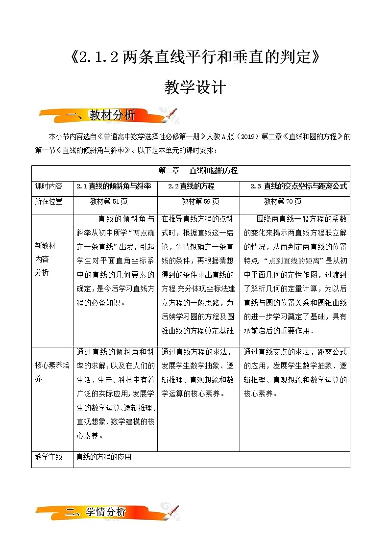2.1.2两条直线平行和垂直的判定  （教学设计）-【新教材精创】 2022-2023学年高二上学期数学同步备课 (人教A版2019选择性必修第一册)01