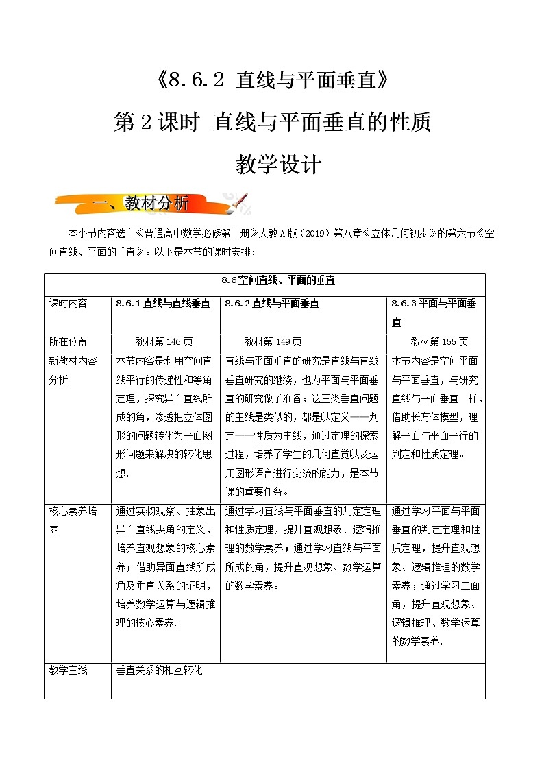 8.6.2直线与平面垂直（第2课时）（教学设计）-2022-2023学年高一数学同步备课 (人教A版2019 必修第二册)01