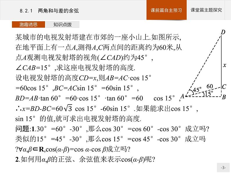 高中数学新人教B版必修第三册 第八章 8.2.1 两角和与差的余弦 课件第3页