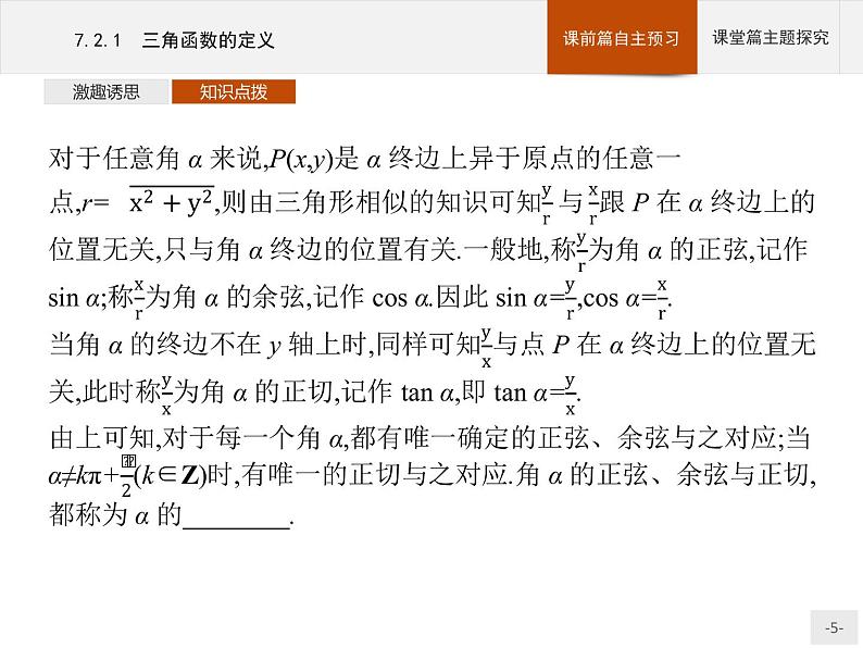 高中数学新人教B版必修第三册 第七章 7.2.1 三角函数的定义 课件第5页