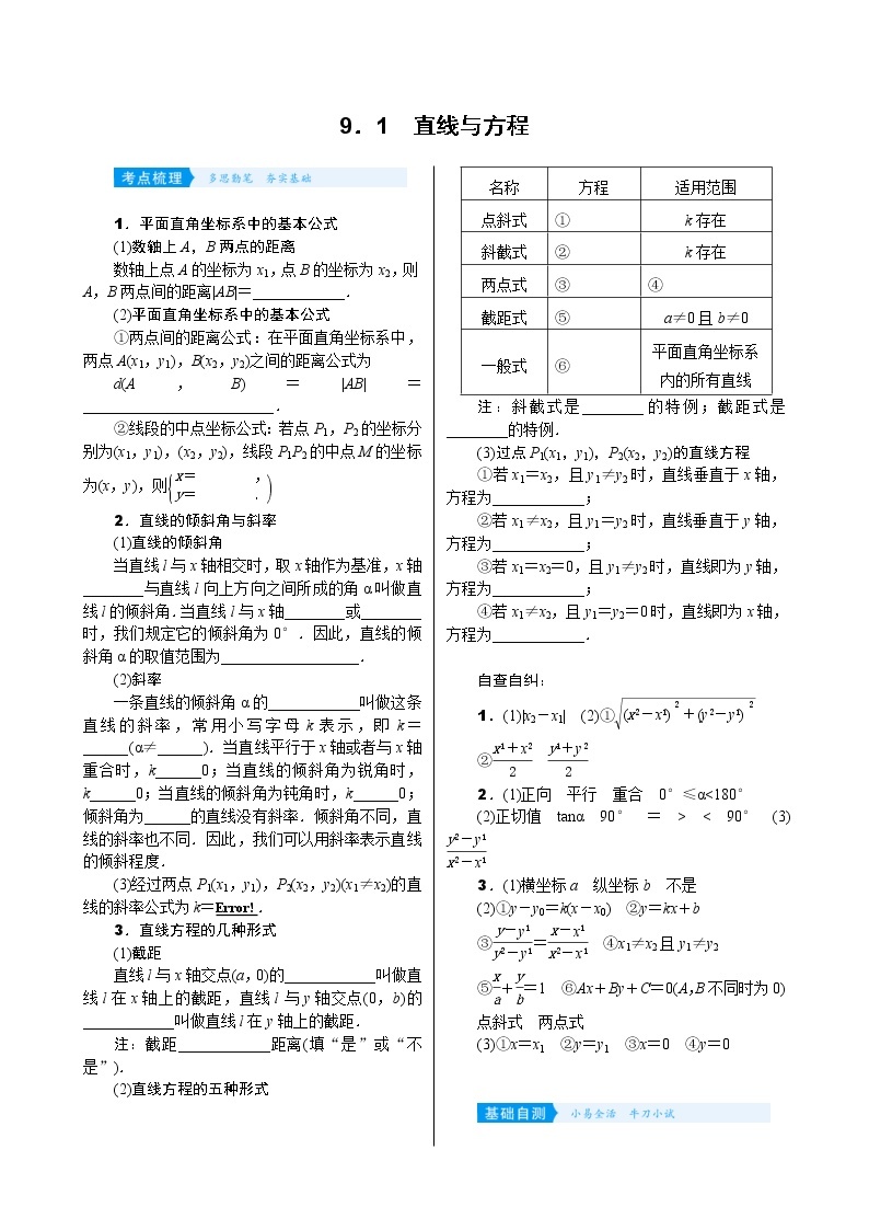 高考数学(理数)一轮复习学案9．1《直线与方程》(含详解)01