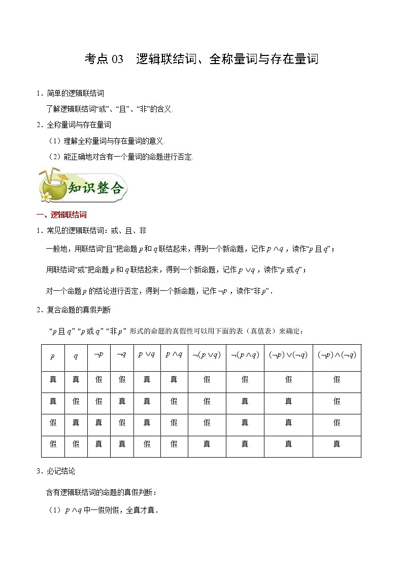 (通用版)高考数学(文数)一轮复习考点梳理与过关练习03《逻辑联结词、全称量词与存在量词》(含详解)第1页