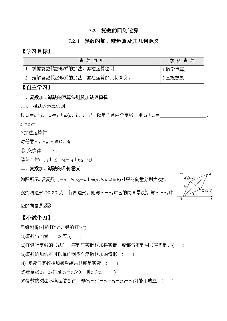 高中数学必修二  7.2.1 复数的加、减运算及其几何意义学案01