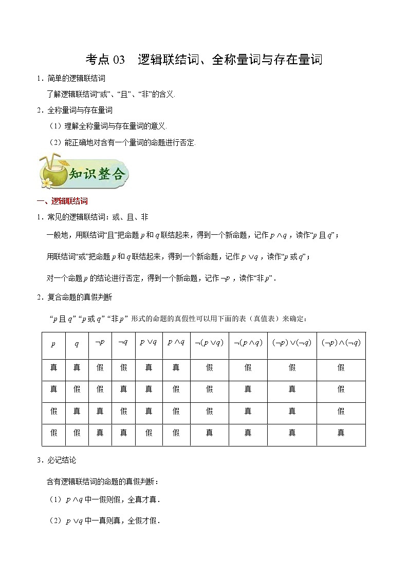 (通用版)高考数学(理数)一轮复习考点梳理与过关练习03《逻辑联结词、全称量词与存在量词》(含详解)第1页