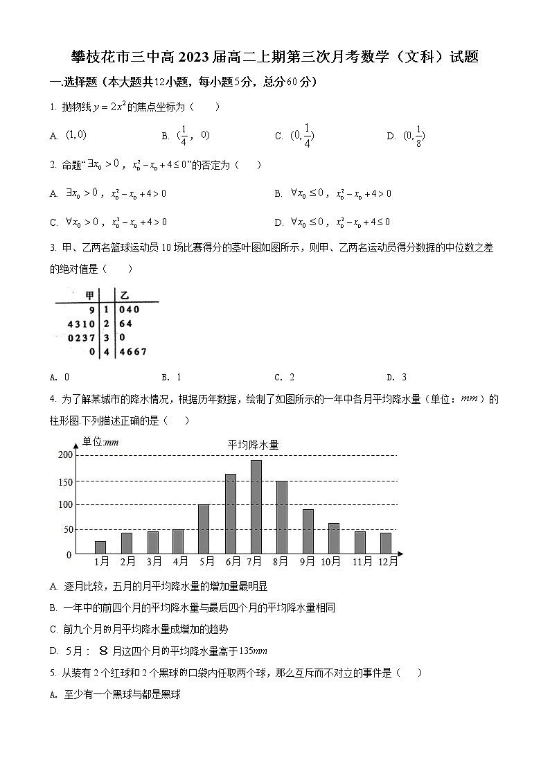 精品解析：四川省攀枝花市第三高级中学校2021-2022学年高二上学期第三次月考数学（文）试题（原卷版）第1页