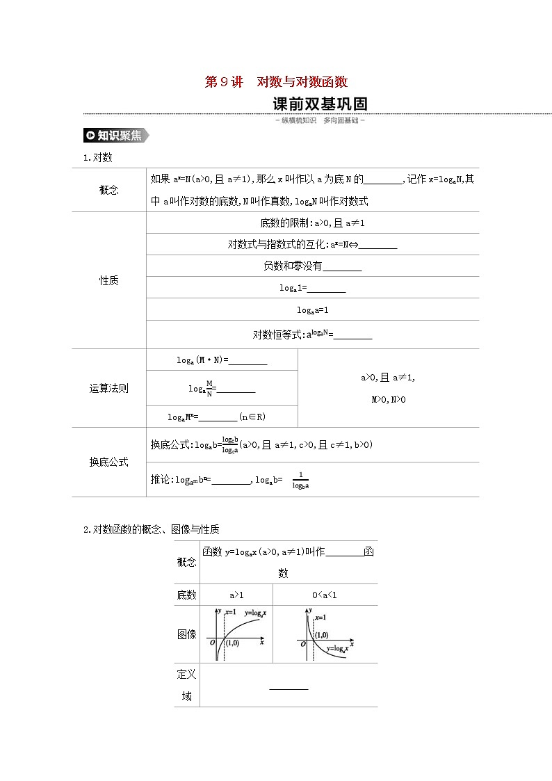 通用版高考数学(理数)一轮复习第9讲《对数与对数函数》学案(含详解)01