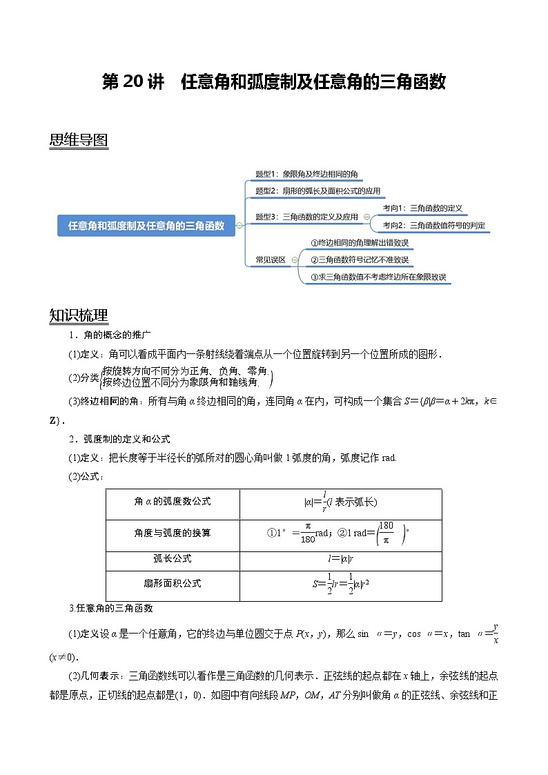 (新高考)高考数学一轮复习考点复习讲义第20讲《任意角和弧度制及任意角的三角函数》（解析版）第1页