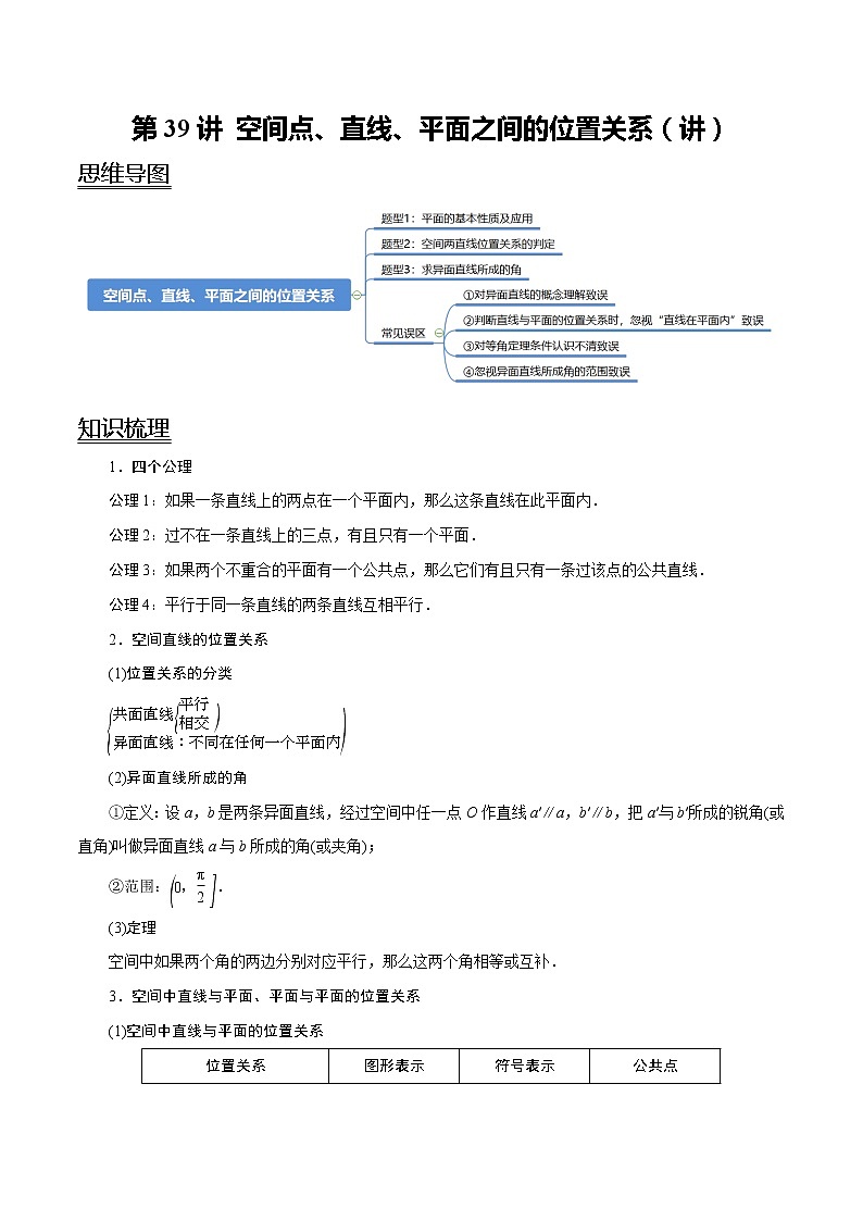 (新高考)高考数学一轮复习考点复习讲义第39讲《空间点、直线、平面之间的位置关系》（讲）（解析版）第1页