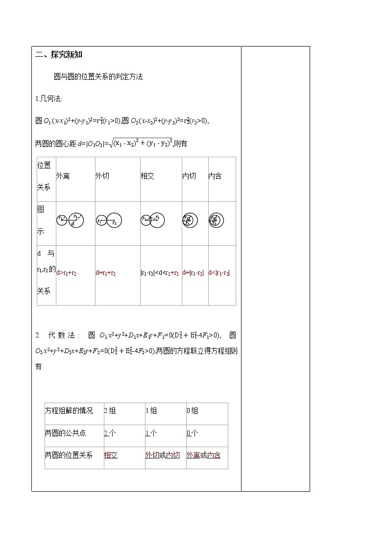 高中数学选择性必修一  2.5.2 圆与圆的位置关系 教学设计03