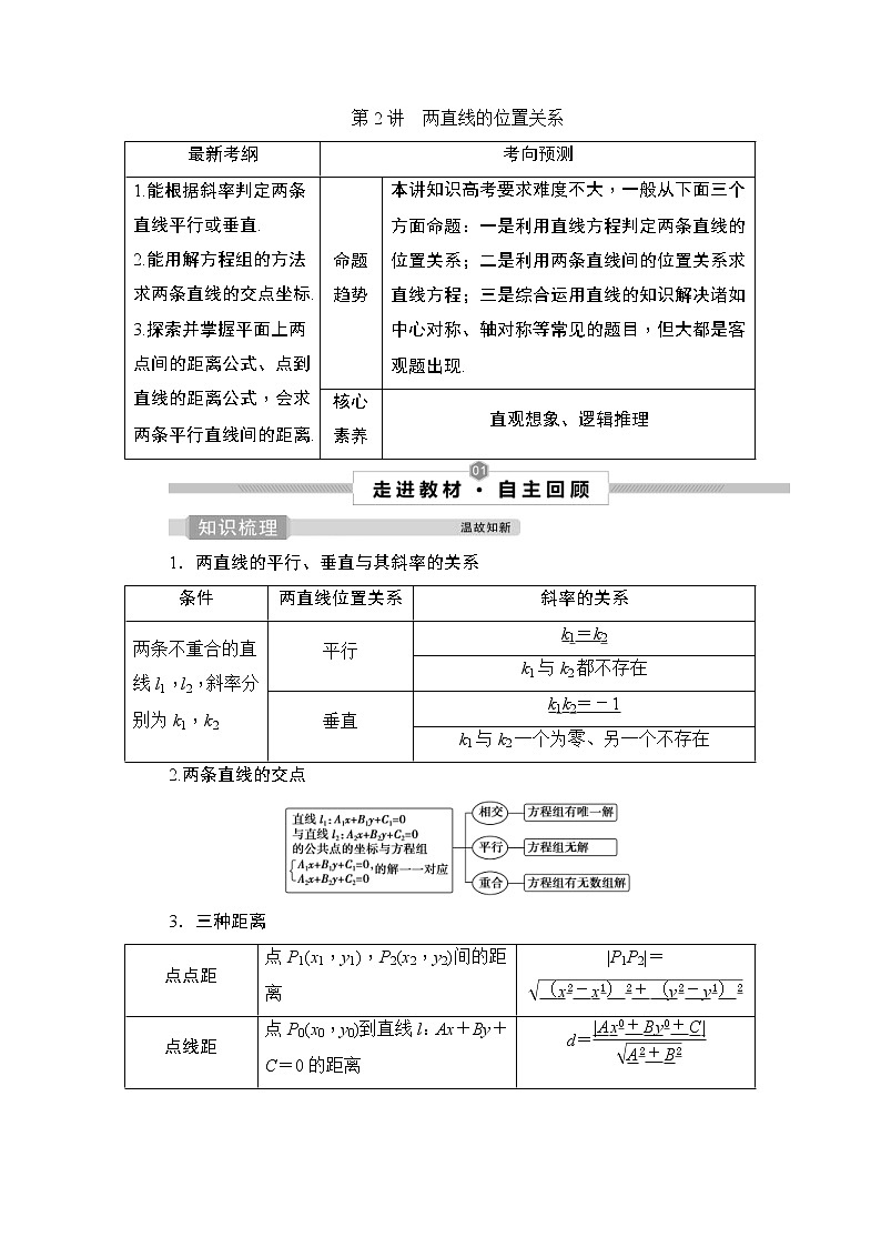 (新高考)高考数学一轮复习课时练习9.2《两直线的位置关系》(含解析)01