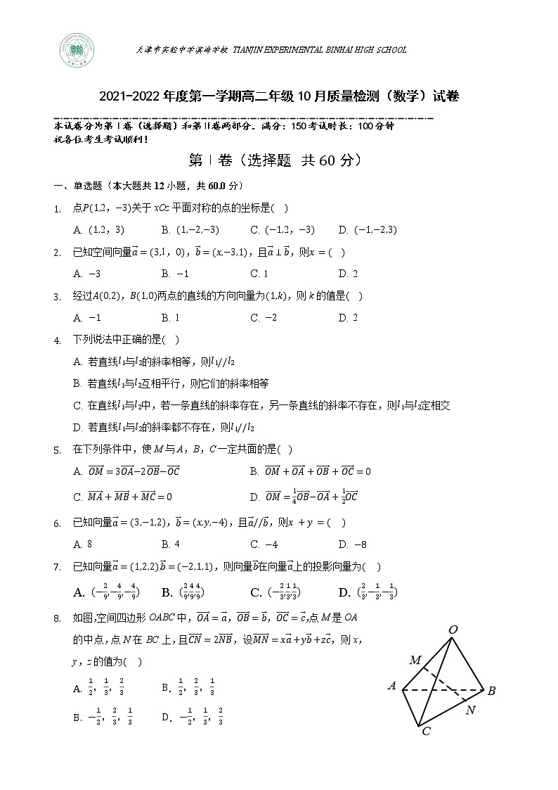 天津市实验中学滨海学校2021-2022学年高二上学期10月月考数学试题第1页