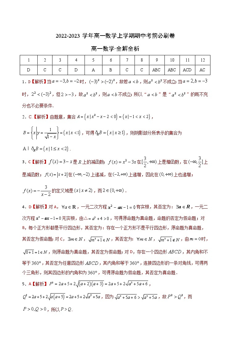 提升卷-2022-2023学年高一数学上学期期中考前必刷卷（人教A版2019必修第一册）01