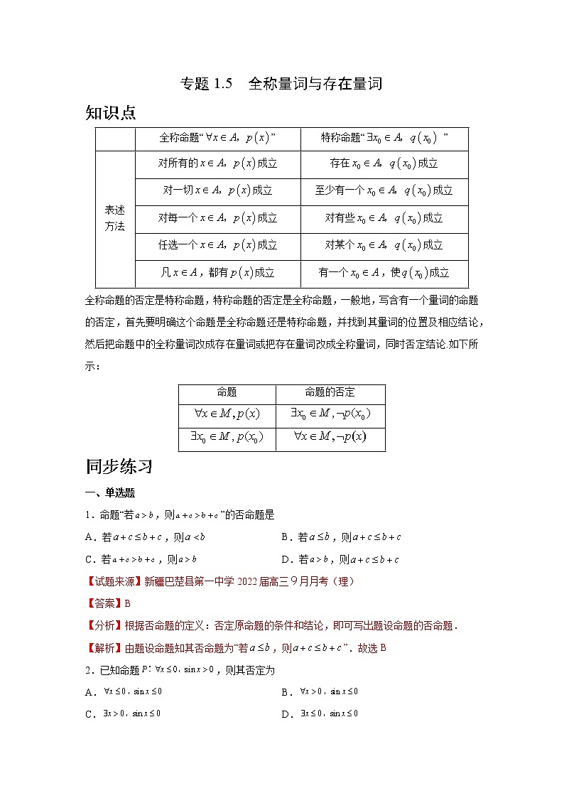 1.5 全称量词与存在量词 — 高一数学 同步复习 知识点+练习（人教A版2019必修第一册）01