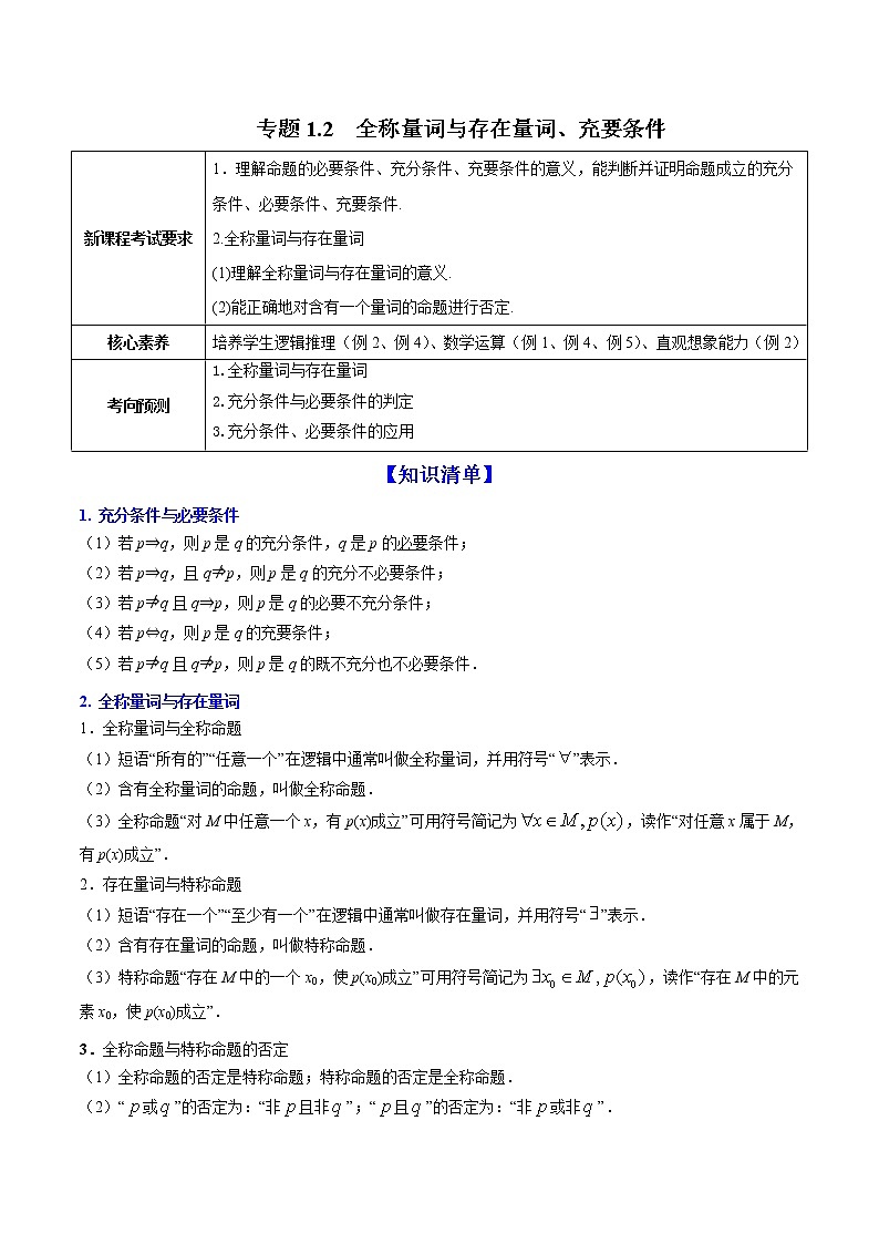 (新高考)高考数学一轮复习讲练测专题1.2《全称量词与存在量词、充要条件》(解析版)01