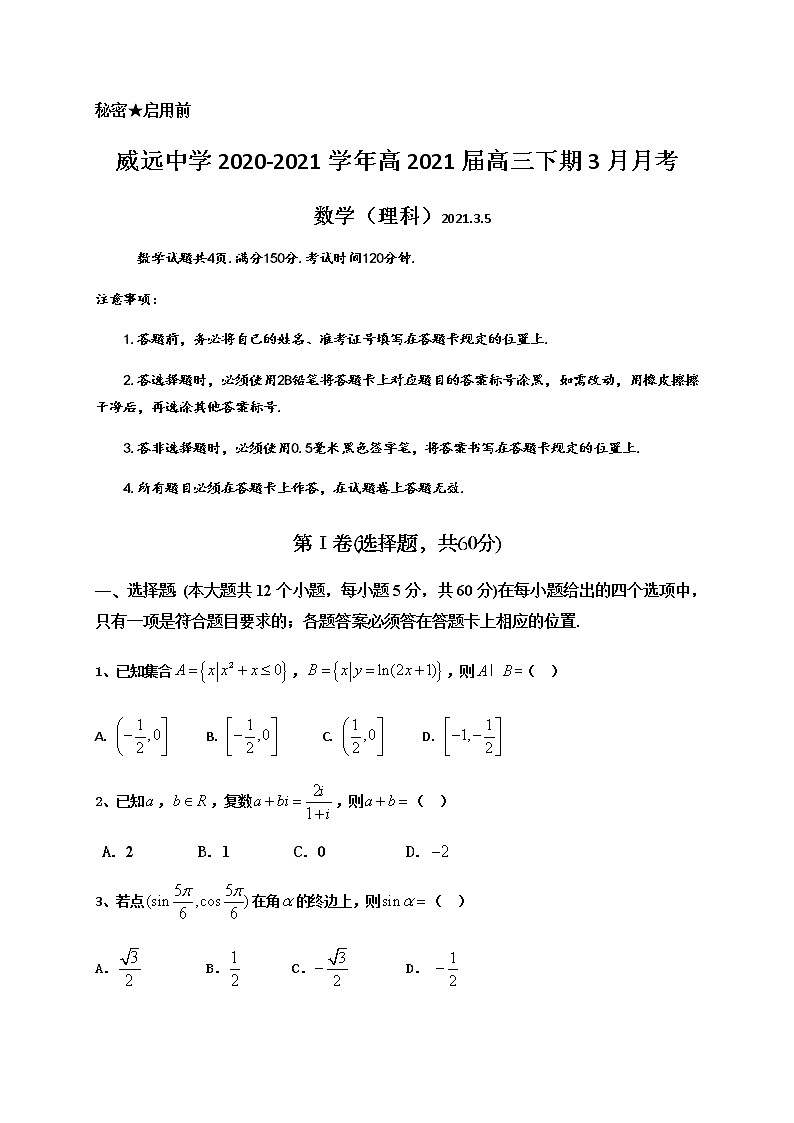 2021内江威远中学高三下学期3月月考数学（理）试题含答案01