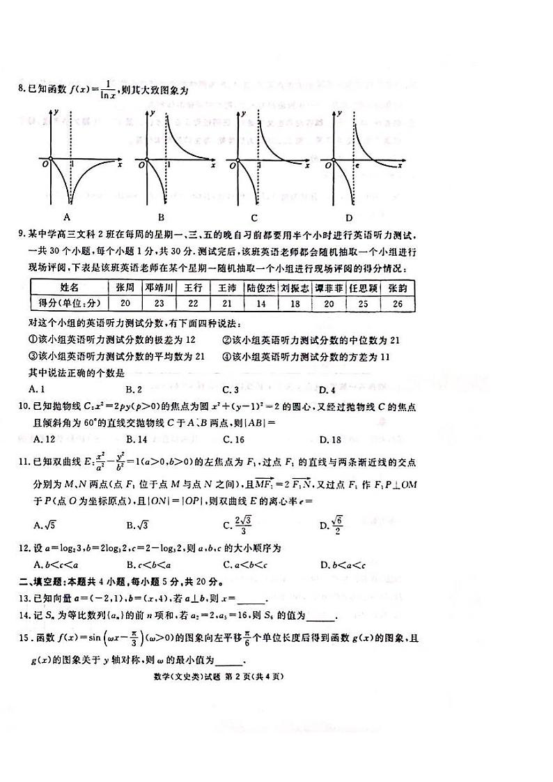 南宁市2021届高中毕业班第一次适应性考试文科数学第2页