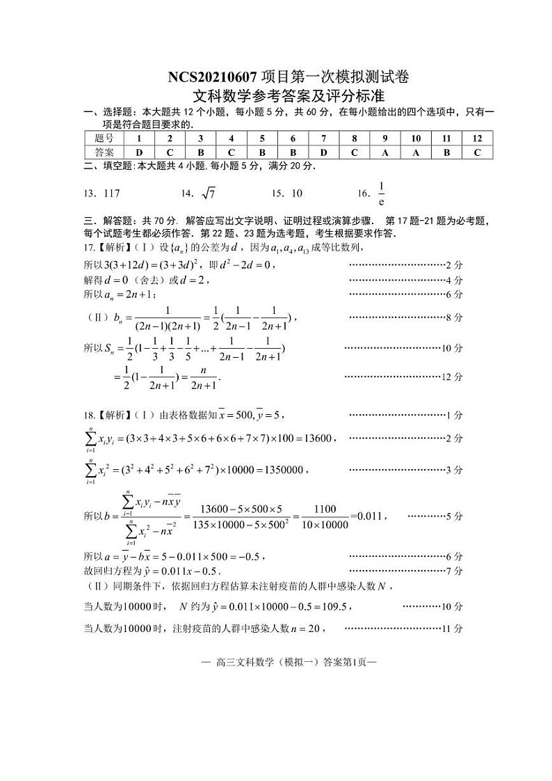 2021南昌高三下学期一模考试文科数学试题扫描版含答案01