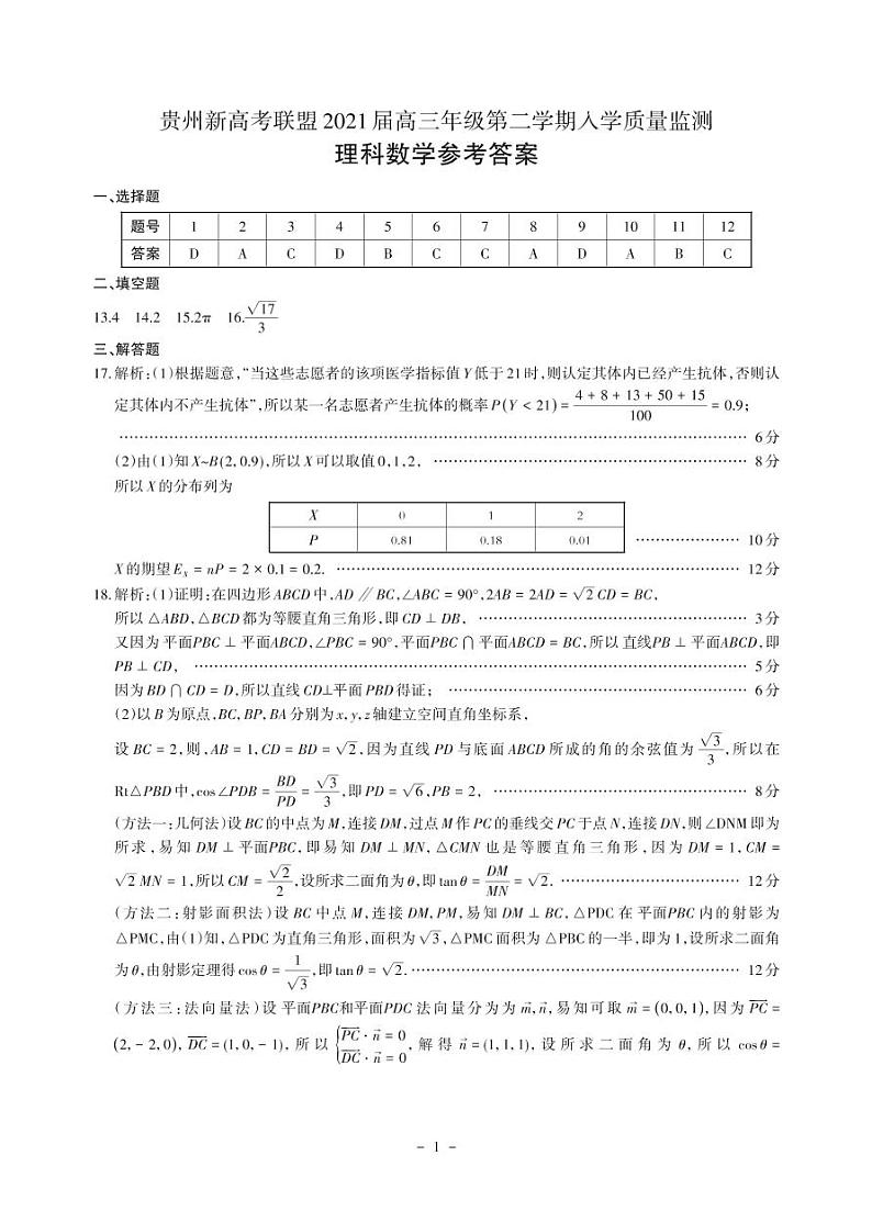 贵州省新高考联盟2020-2021学年高三下学期入学质量监测数学（理）答案第1页