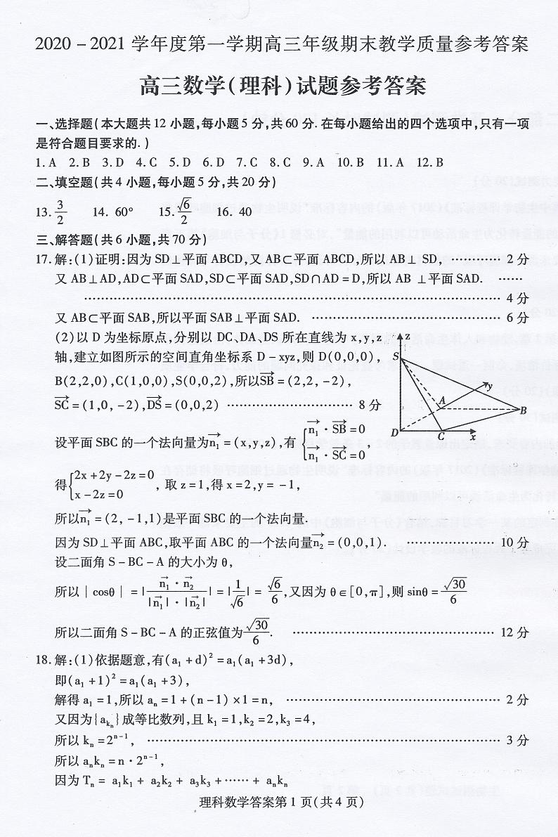 内蒙古包头市2020-2021学年高三上学期期末考试数学（理）答案第1页