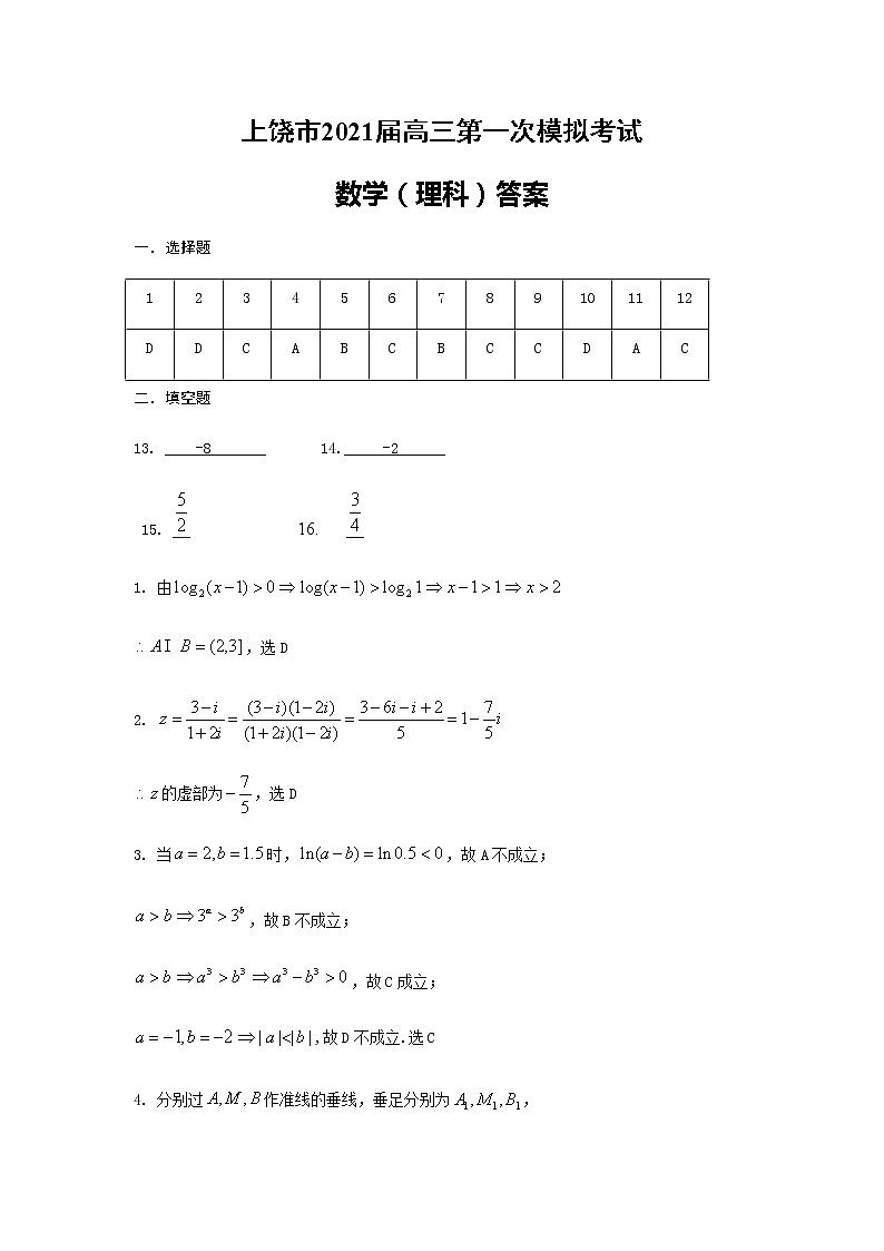 2021上饶高三上学期第一次模拟考试（期末）数学（理）PDF版含答案（可编辑）01