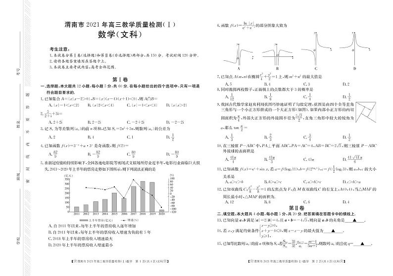 2021渭南高三上学期教学质量检测（Ⅰ）（一模）数学（文）试题PDF版含答案01