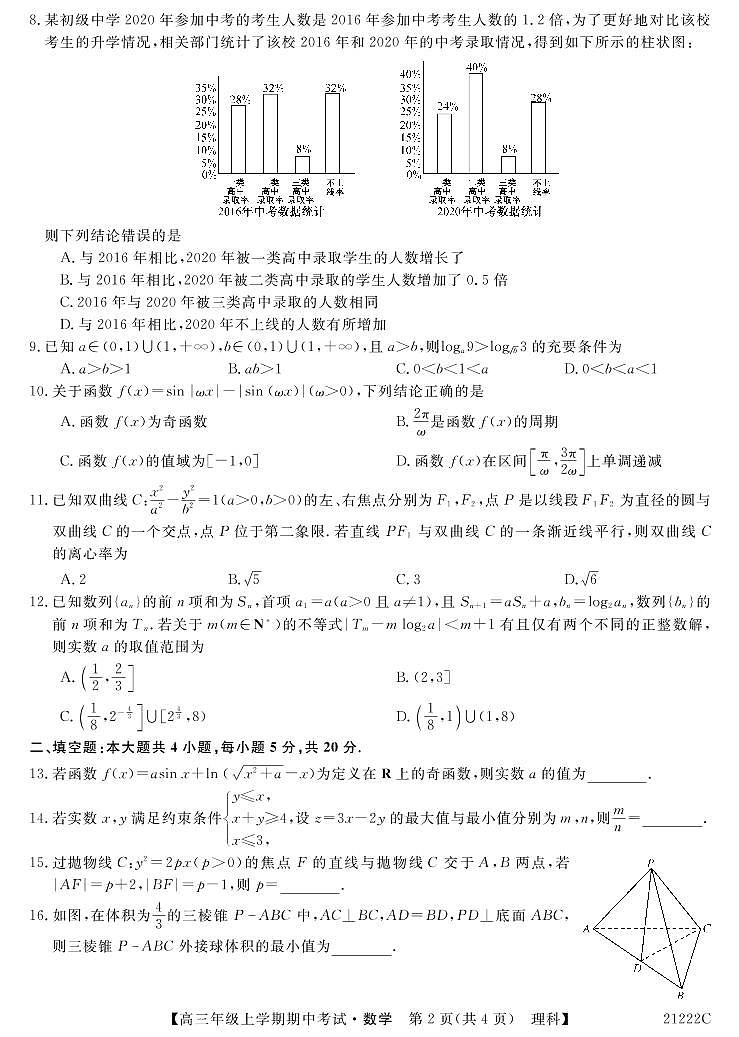 2021长春第二实验中学高三上学期期中考试数学（理）试题含答案02
