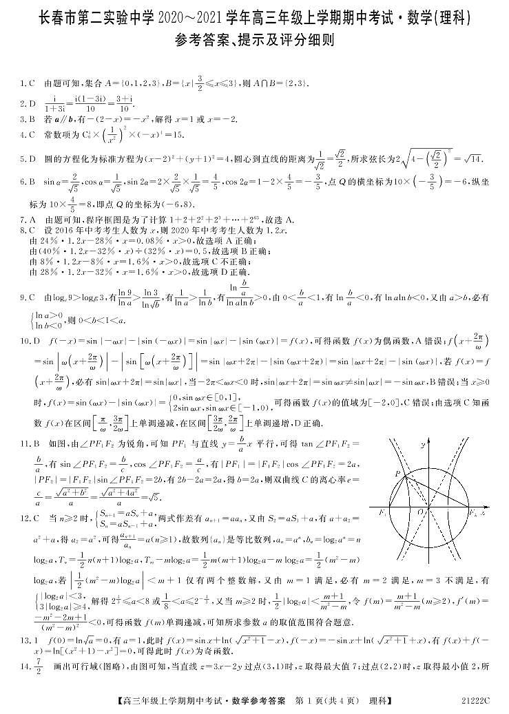 2021长春第二实验中学高三上学期期中考试数学（理）试题含答案01