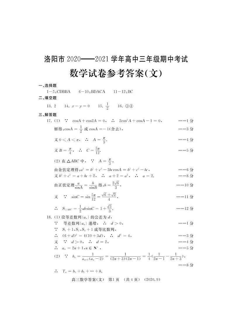 2021洛阳高三上学期期中考试数学（文）扫描版含答案01