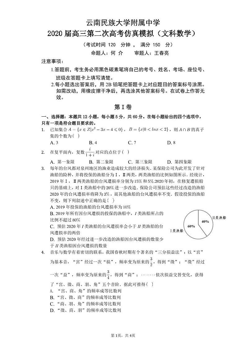 2020云南民族大学附中高三第二次高考仿真模拟数学（文）试题（PDF可编辑版）PDF版含答案第1页