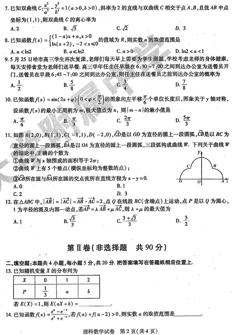 黑龙江省哈师大附中2020届高三第四次模拟考试理科数学试题第2页