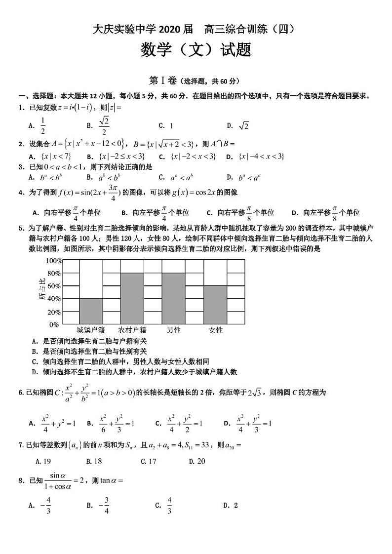 黑龙江省大庆实验中学2020届高三综合训练（四）数学（文）试题第1页