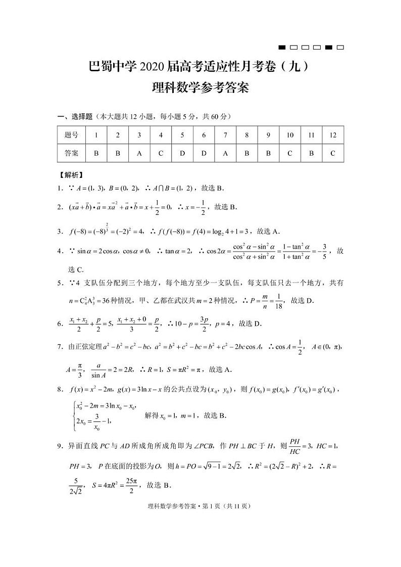 巴蜀中学2020届高考适应性月考卷（九）理数-答案第1页