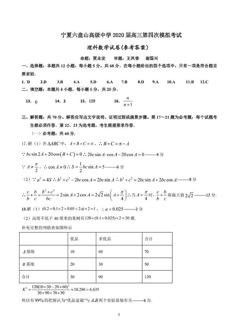宁夏六盘山高级中学2020届高三第四次模拟考试答案第1页
