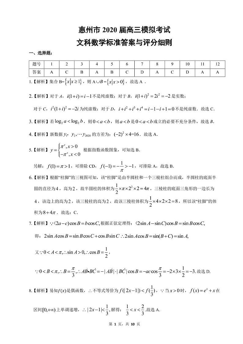 2020惠州高三6月模拟考试文科数学试题PDF版含答案01