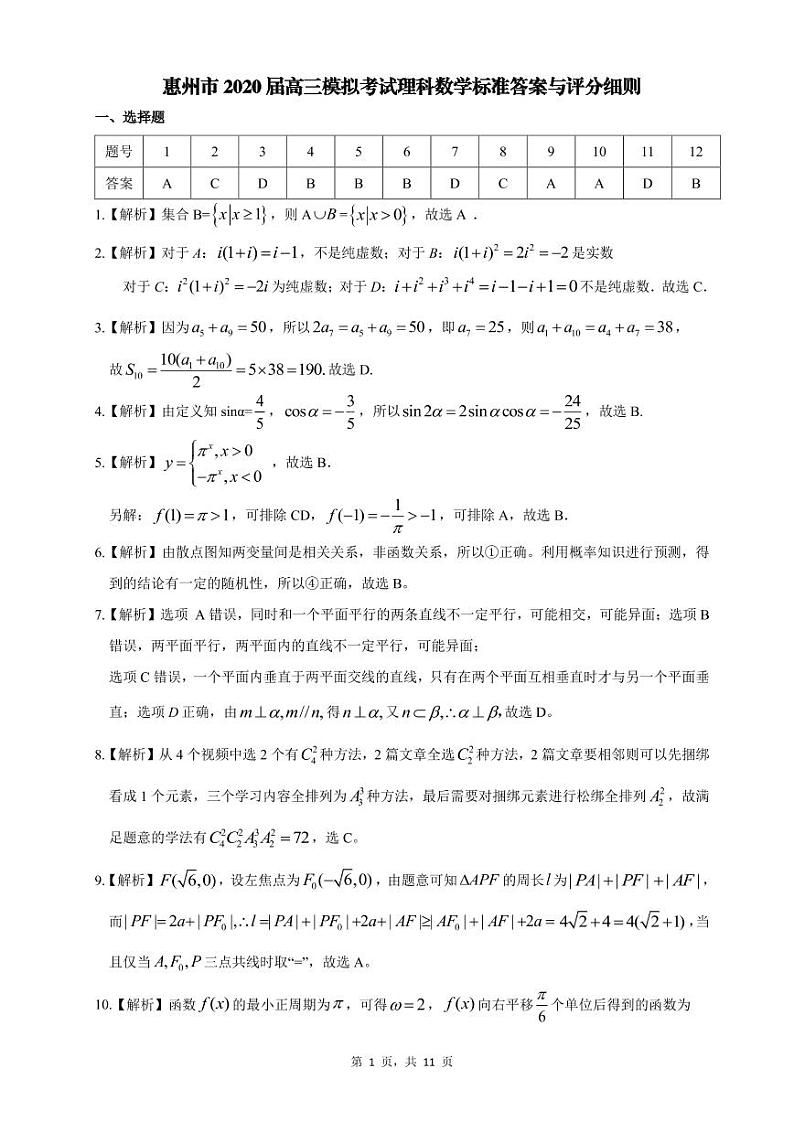 2020惠州高三6月模拟考试理科数学试题PDF版含答案01