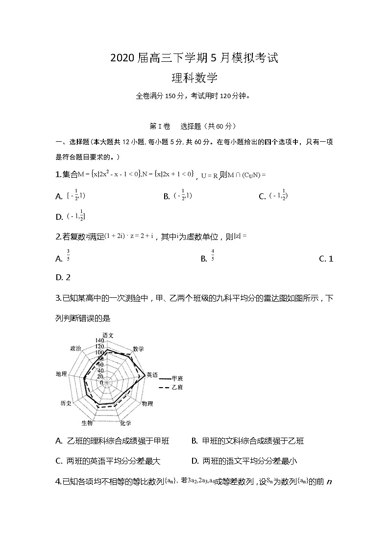 2020滁州定远县重点中学高三5月模拟数学（理）试题含答案第1页