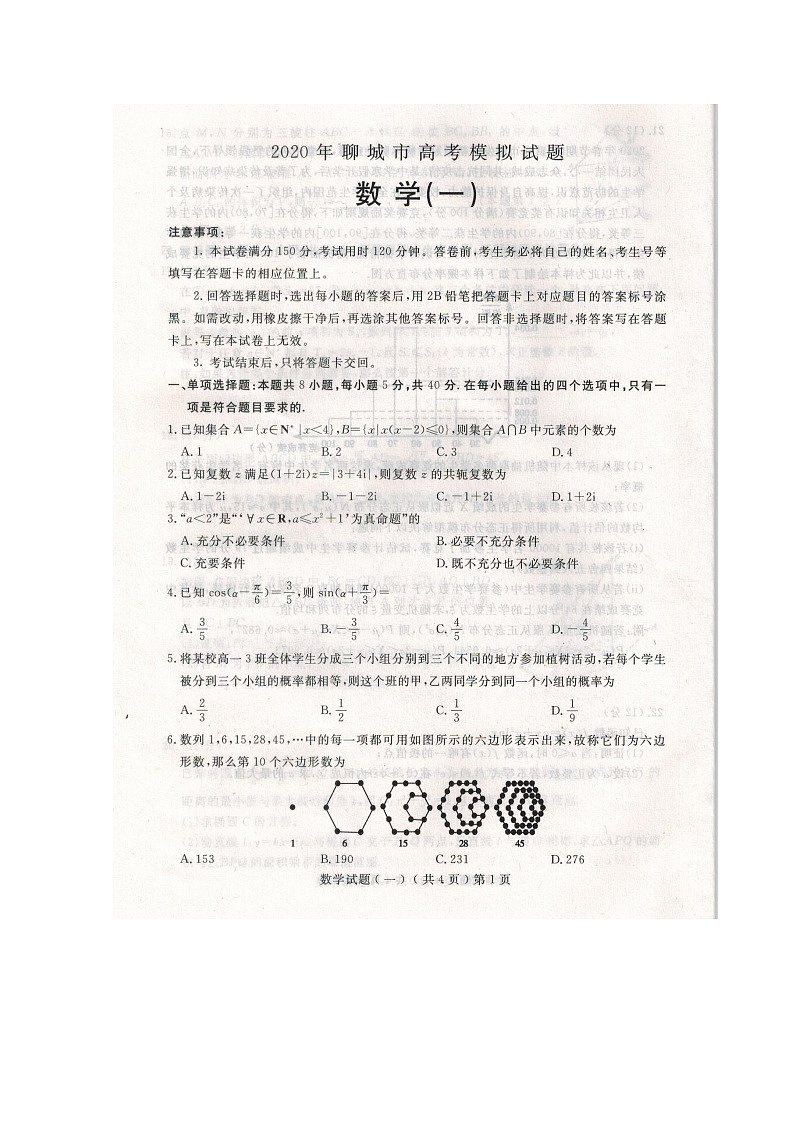 2020聊城高三高考模拟（一）数学试题扫描版含答案01