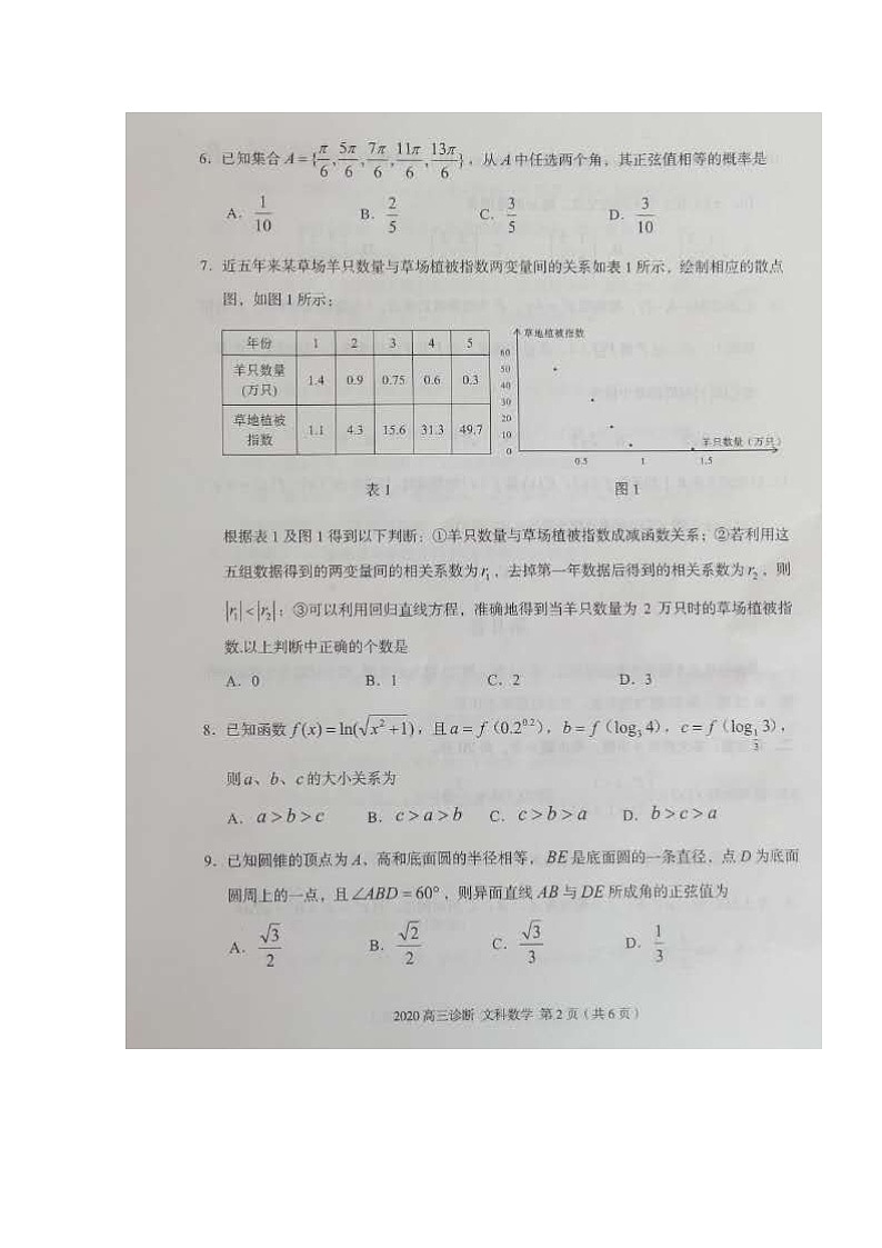 2020兰州高三4月诊断考试数学（文）试题扫描版缺答案02