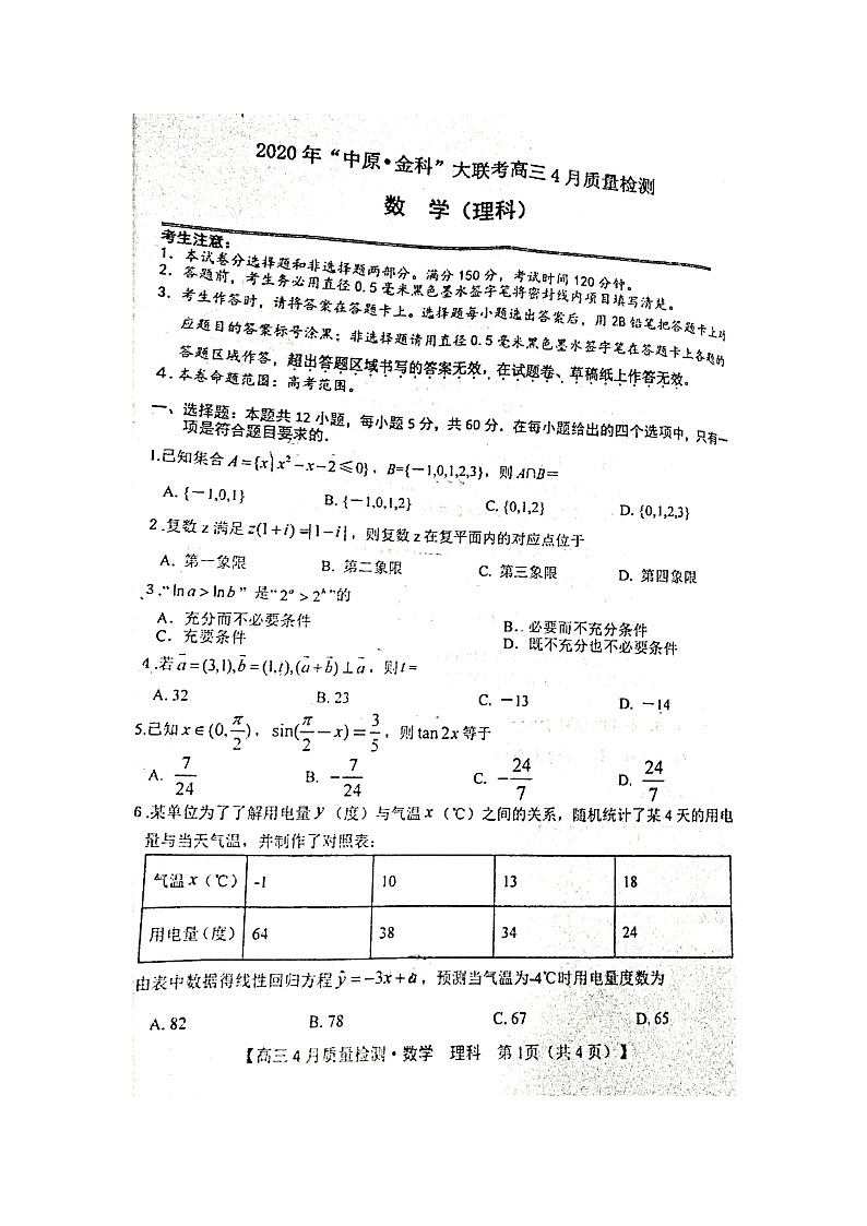 2020中原金科大联考高三4月质量检测数学（理）试题扫描版含答案01