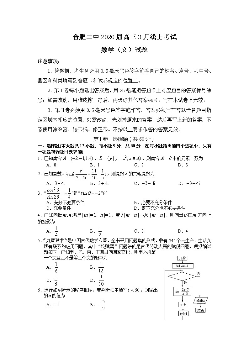 2020合肥二中高三3月线上考试数学（文）试题含解析第1页