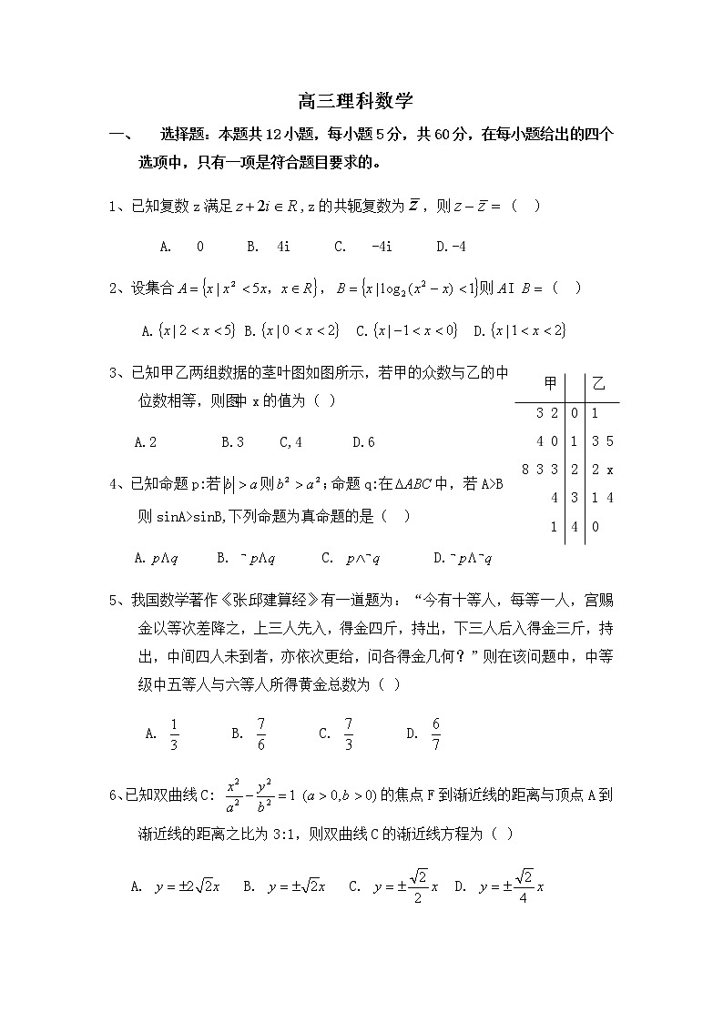 2020芮城县高三3月月考数学（理）试题含答案01