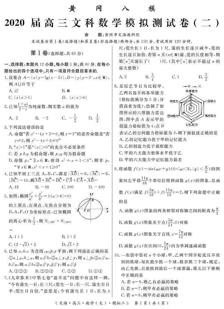 2020黄冈高三模拟测试卷（二）数学（文）试题PDF版含解析01