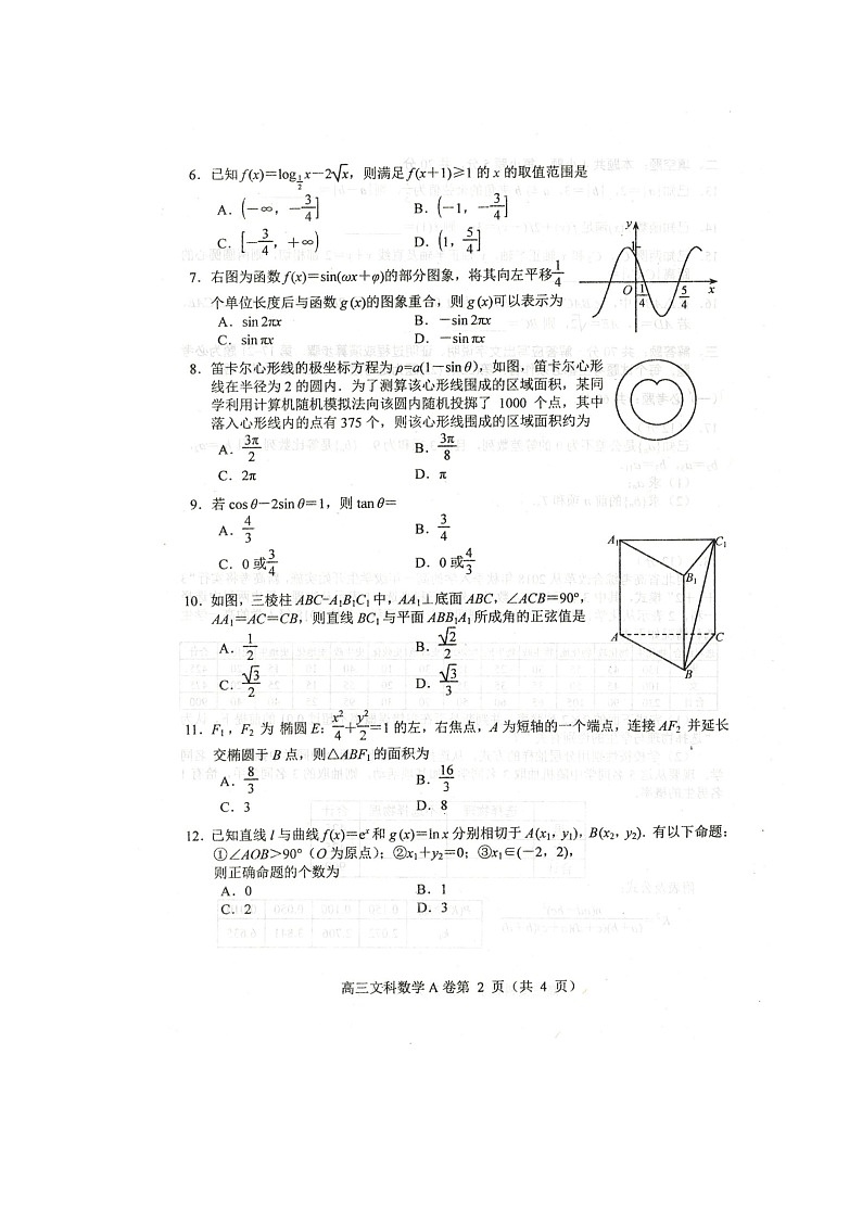 2020唐山高三上学期期末考试数学（文）试题扫描版含答案02