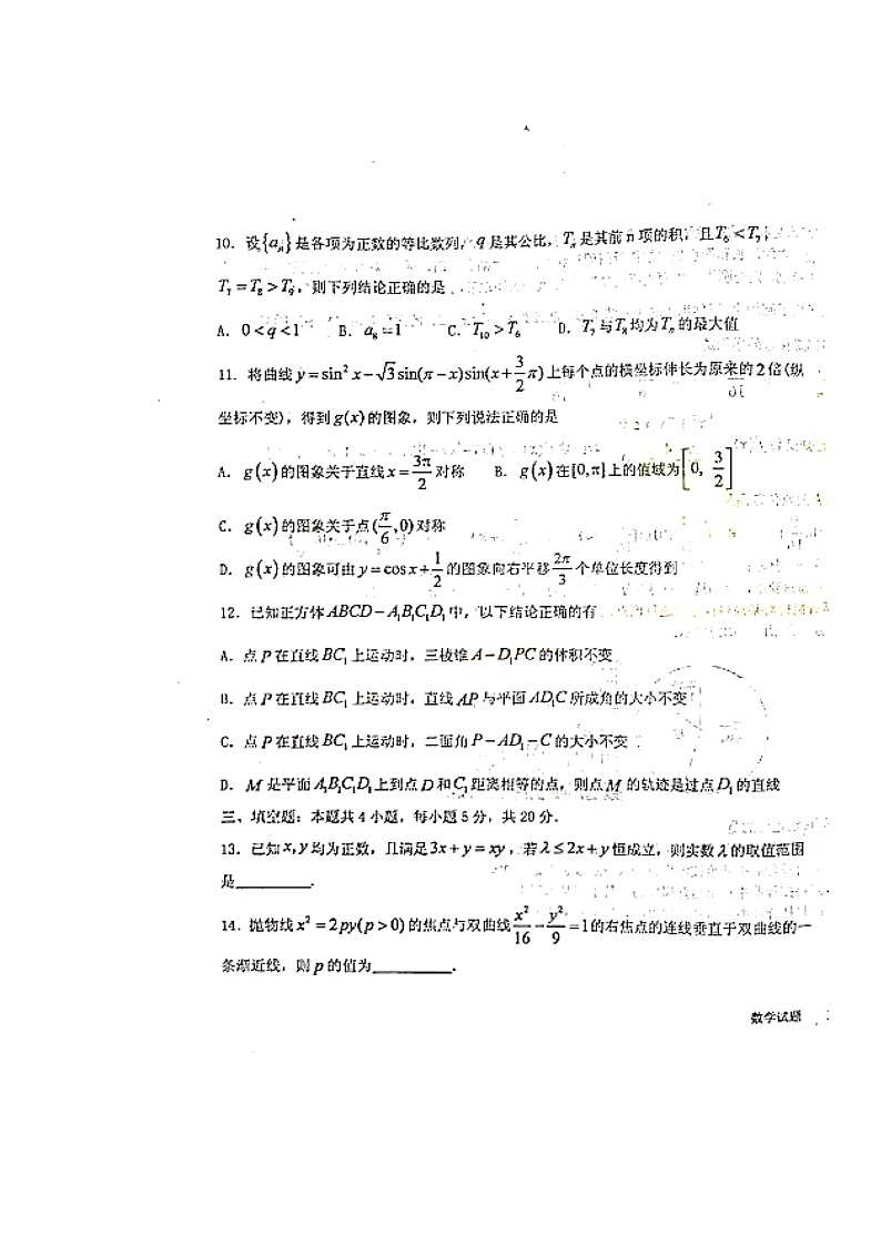 2020青岛二中高三上学期期末考试数学试题扫描版缺答案03