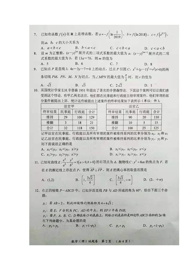 2020邵阳高三上学期第一次联考数学（理）试题扫描版含答案第2页