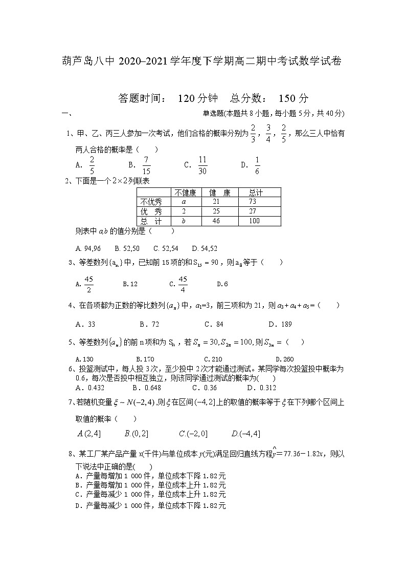 2021葫芦岛八中高二下学期期中考试数学试卷含答案第1页