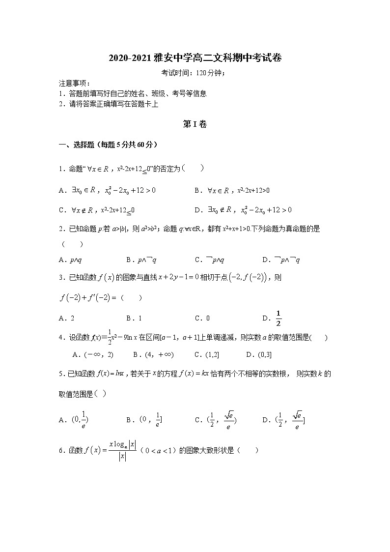 2021雅安高中高二下学期期中考试数学（文）试题含答案01
