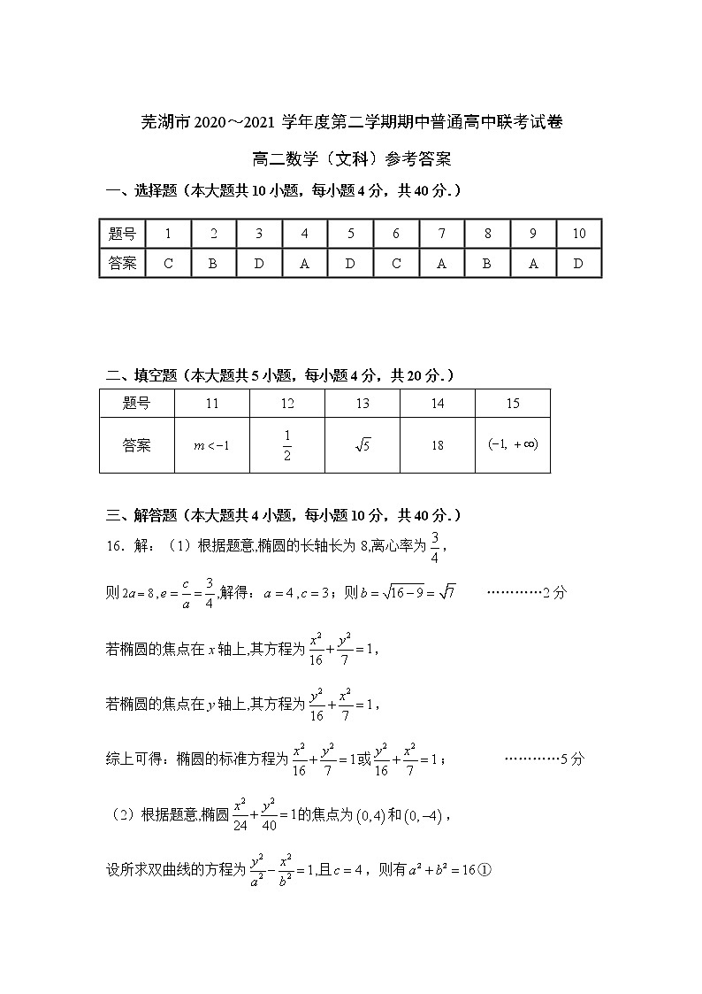 安徽省芜湖市2020-2021学年高二下学期期中联考数学（文）答案第1页