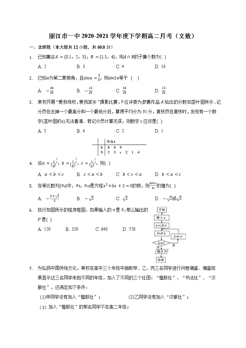 2021丽江一中高二下学期3月月考数学（文）试题含答案01