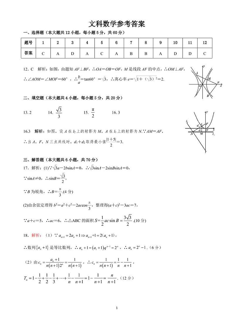 高二文科数学参考答案 第1页